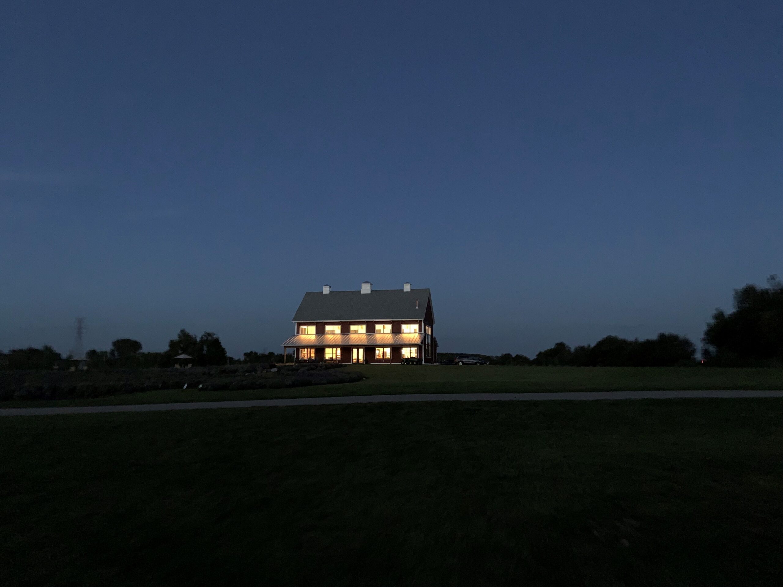 A barn with lights